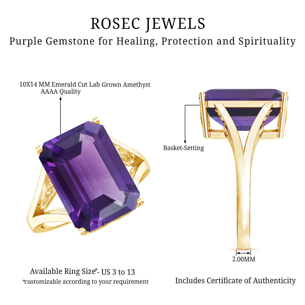 Certified 9 Carat Emerald Cut Lab Grown Amethyst Fine Fashion Ring