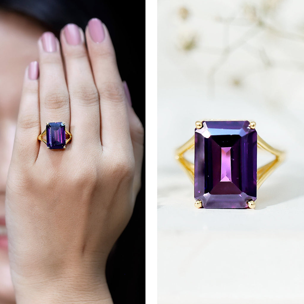 Certified 9 Carat Emerald Cut Lab Grown Amethyst Fine Fashion Ring