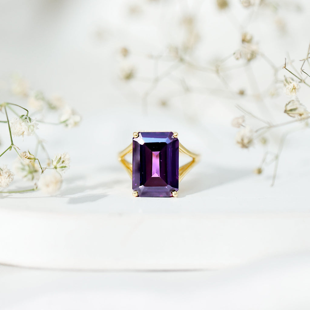 Certified 9 Carat Emerald Cut Lab Grown Amethyst Fine Fashion Ring