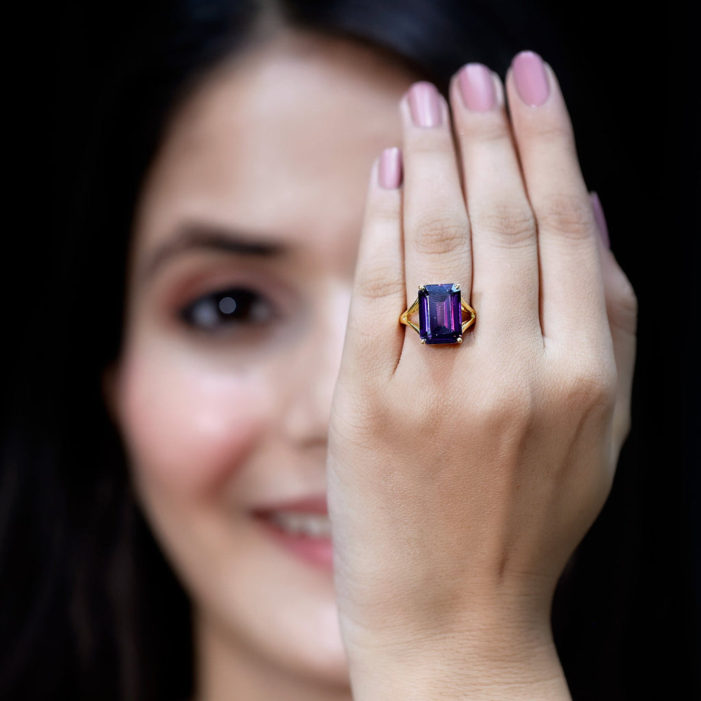 Certified 9 Carat Emerald Cut Lab Grown Amethyst Fine Fashion Ring