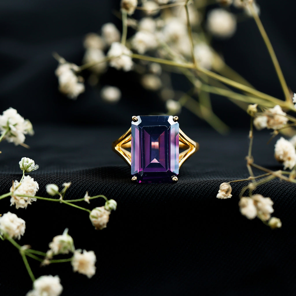 Certified 9 Carat Emerald Cut Lab Grown Amethyst Fine Fashion Ring