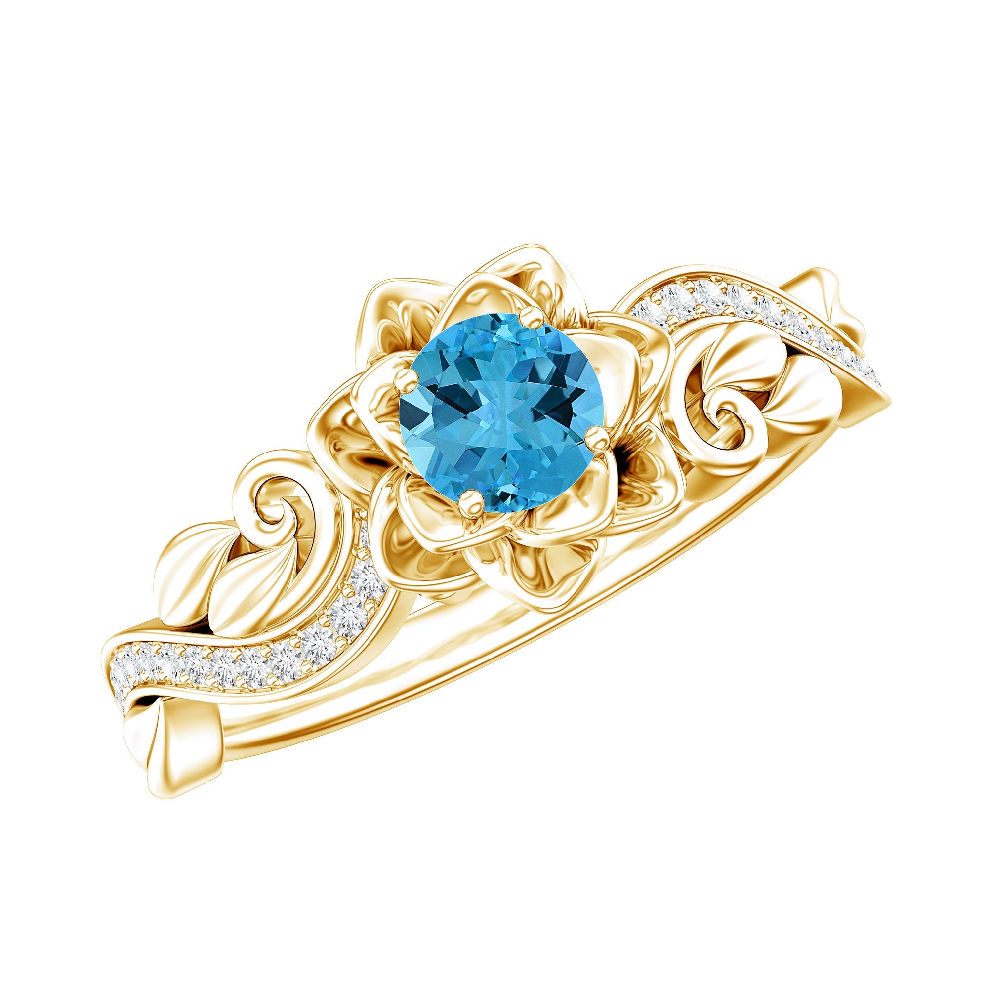 Natural Swiss Blue Topaz Flower Fine Fashion Ring