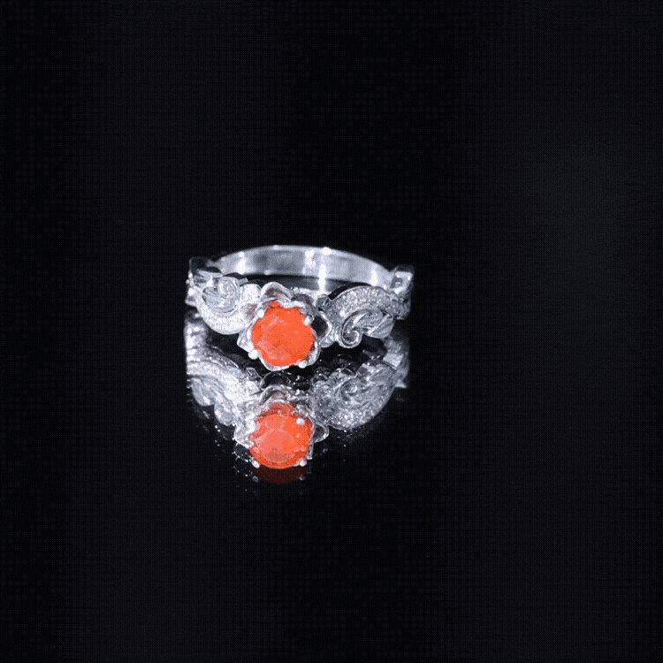 Certified Fire Opal and Diamond Rose Flower Fine Fashion Ring