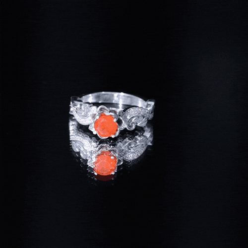 Certified Fire Opal and Diamond Rose Flower Fine Fashion Ring