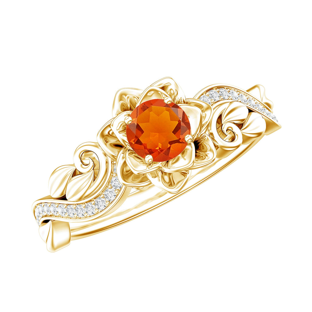 Certified Fire Opal and Diamond Rose Flower Fine Fashion Ring