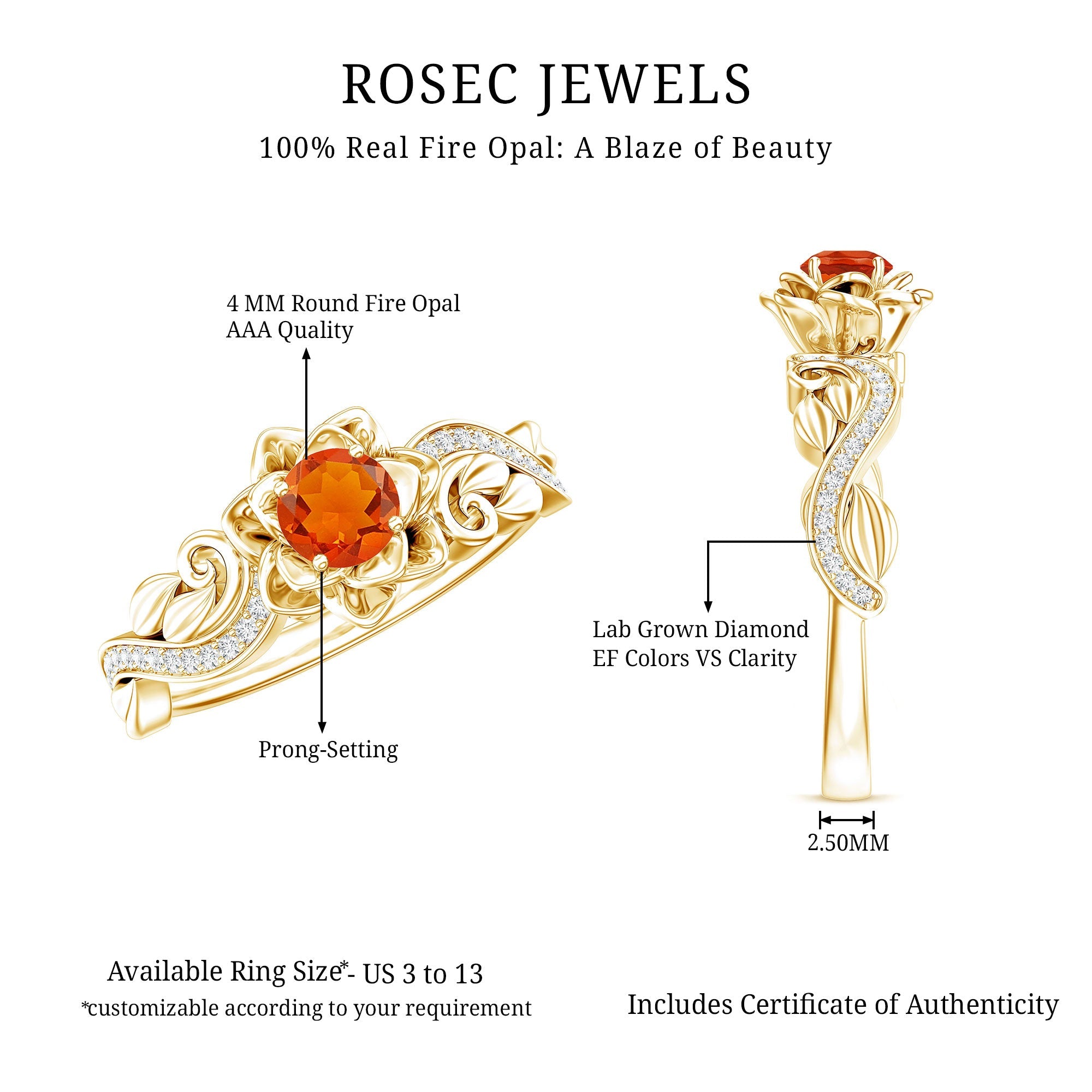 Certified Fire Opal and Diamond Rose Flower Fine Fashion Ring