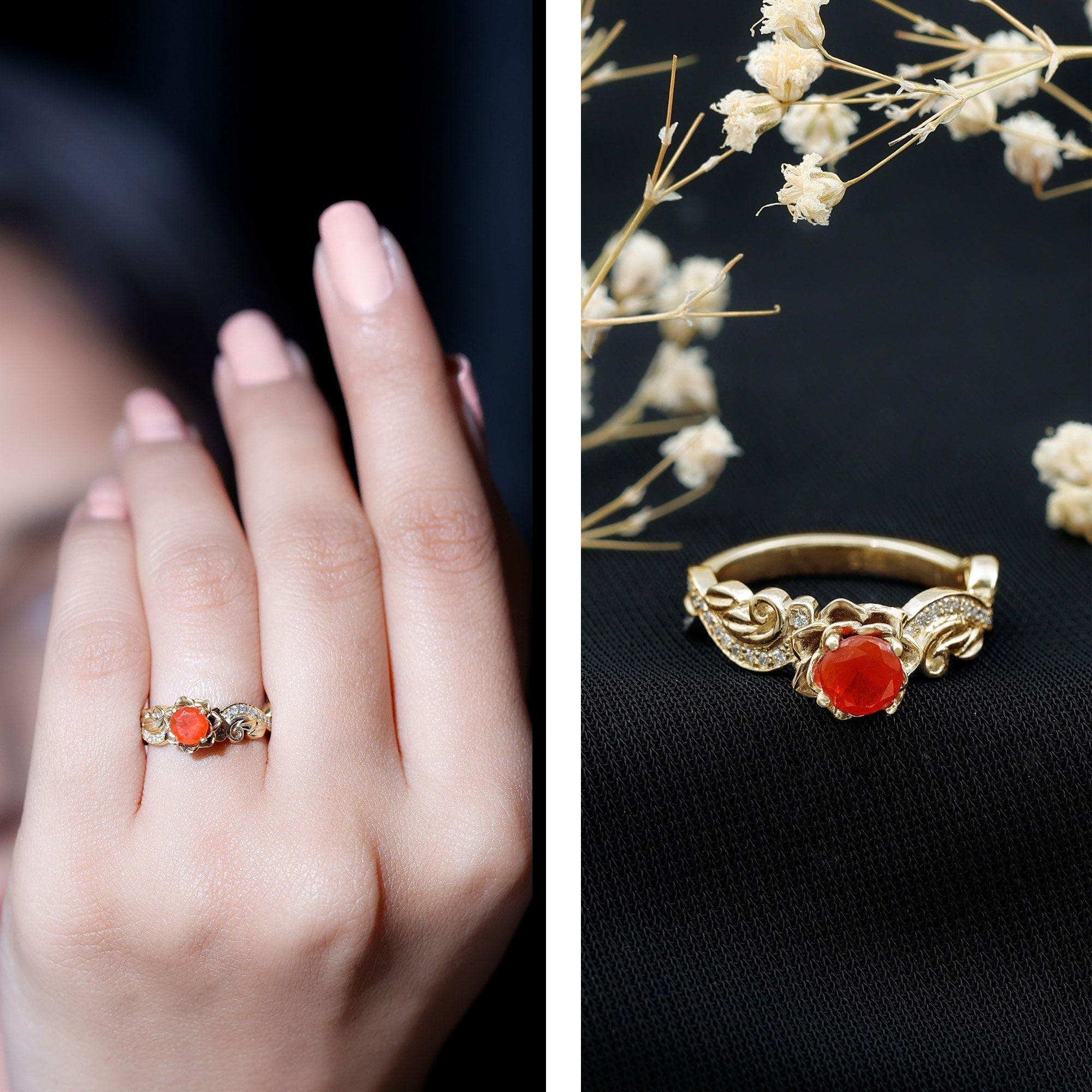 Certified Fire Opal and Diamond Rose Flower Fine Fashion Ring