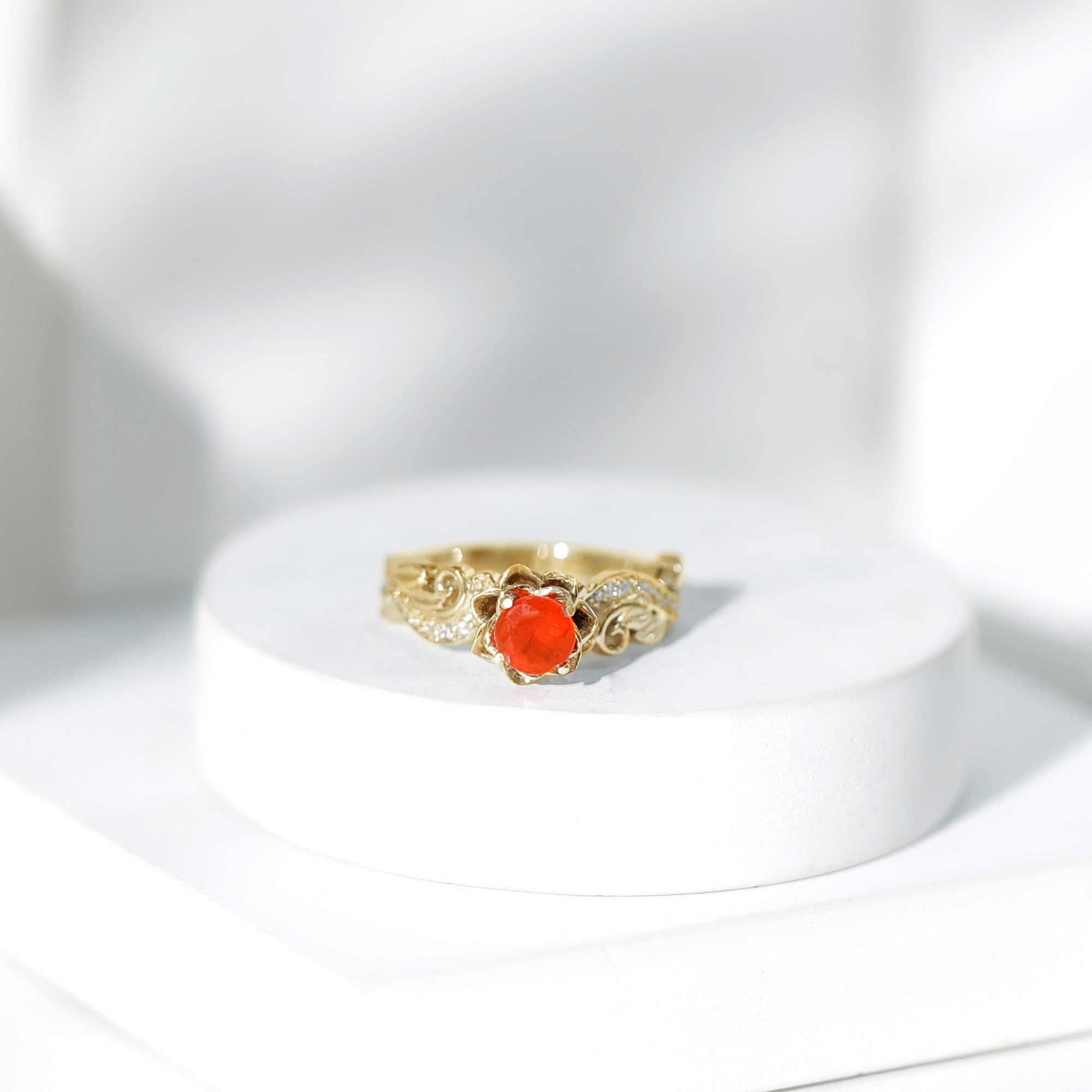 Certified Fire Opal and Diamond Rose Flower Fine Fashion Ring