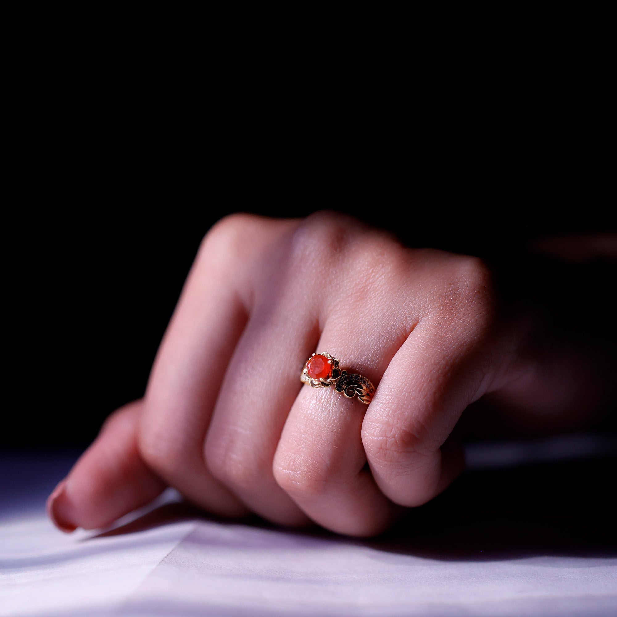 Certified Fire Opal and Diamond Rose Flower Fine Fashion Ring