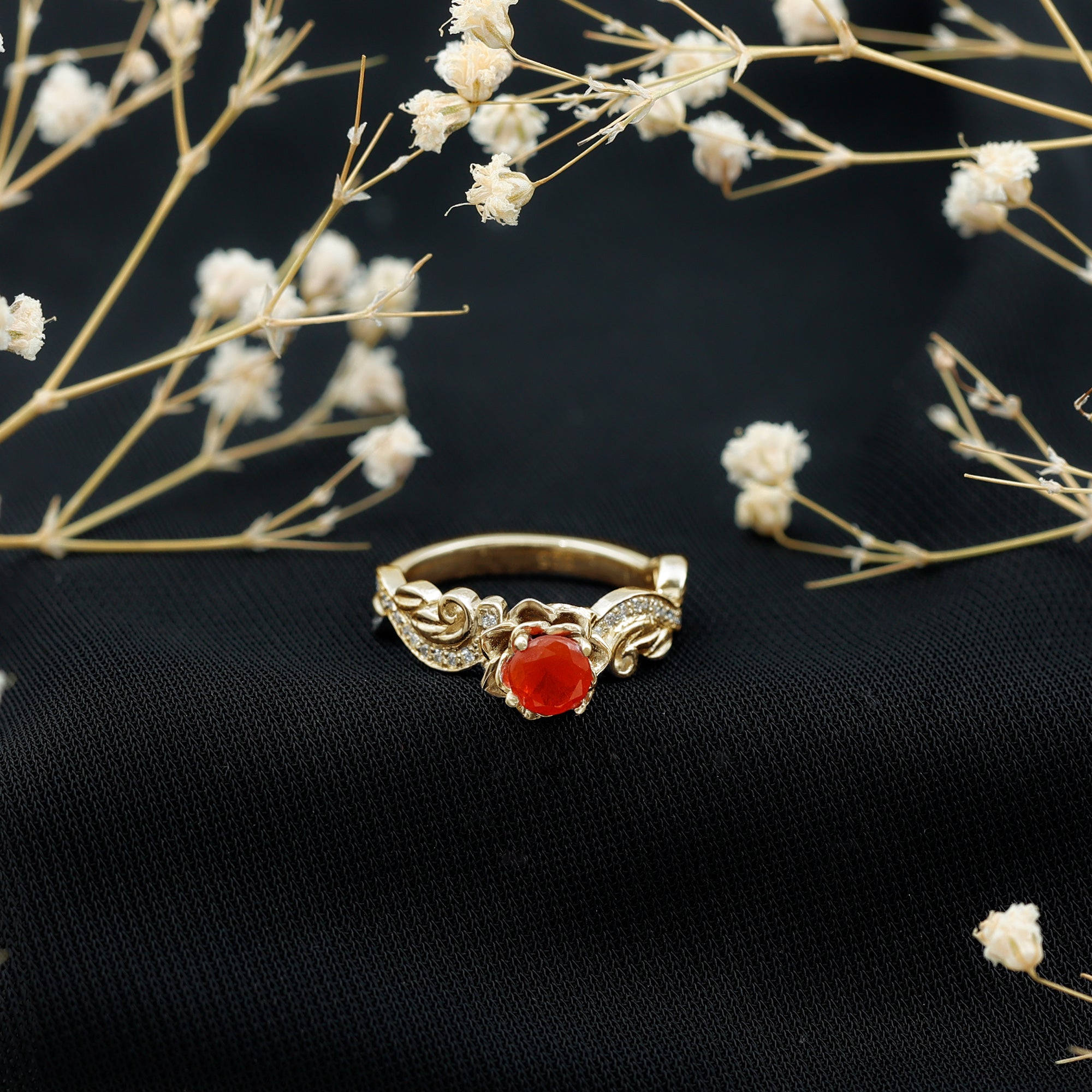 Certified Fire Opal and Diamond Rose Flower Fine Fashion Ring