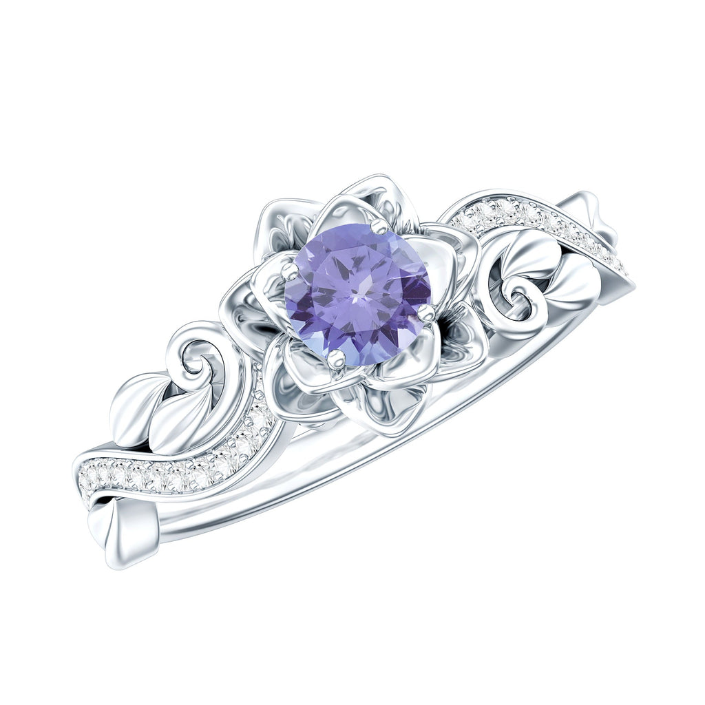 Certified Tanzanite and Diamond Flower Fine Fashion Ring in Silver