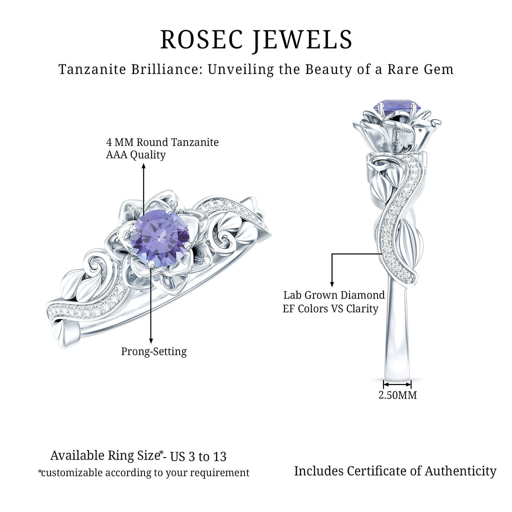 Certified Tanzanite and Diamond Flower Fine Fashion Ring in Silver
