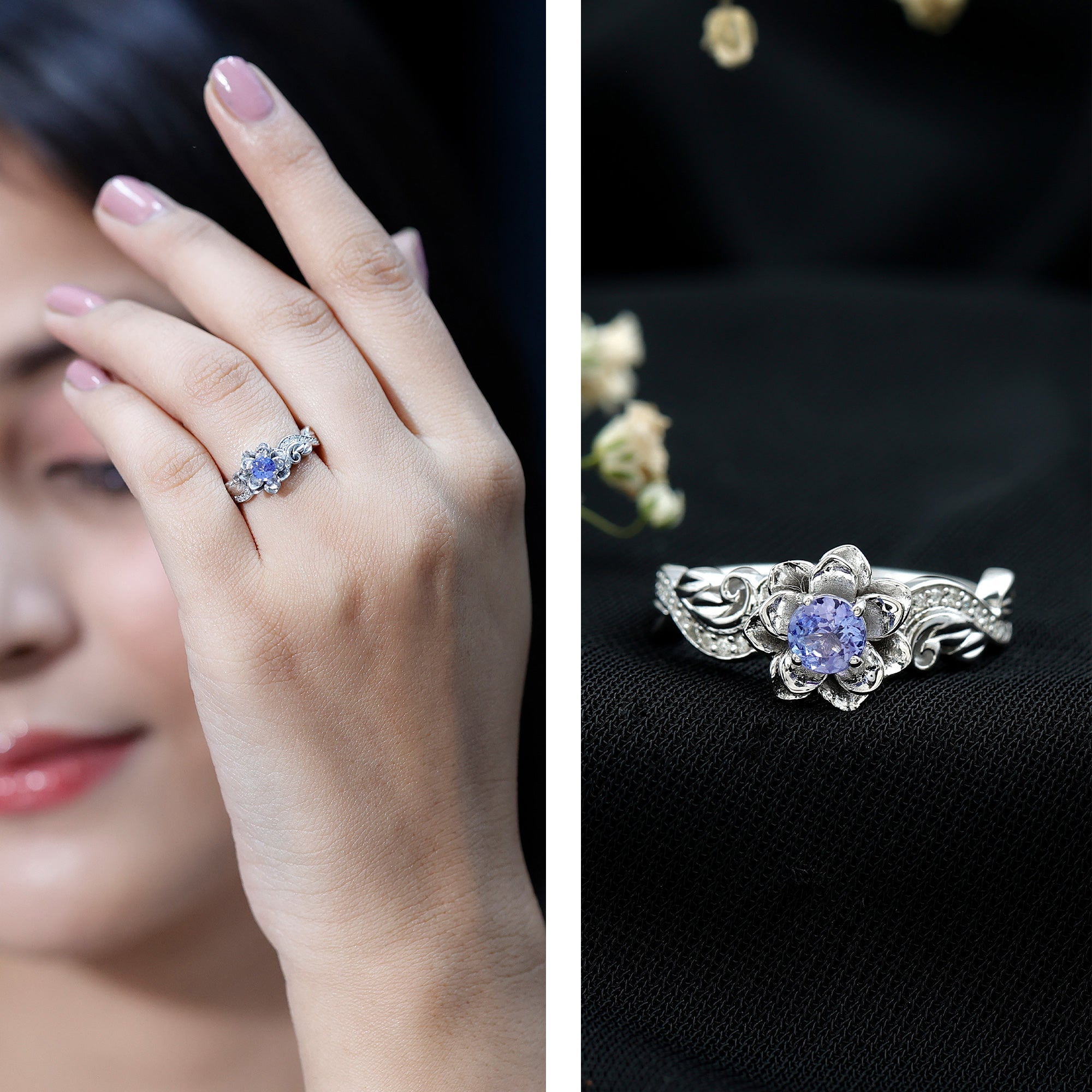 Certified Tanzanite and Diamond Flower Fine Fashion Ring in Silver