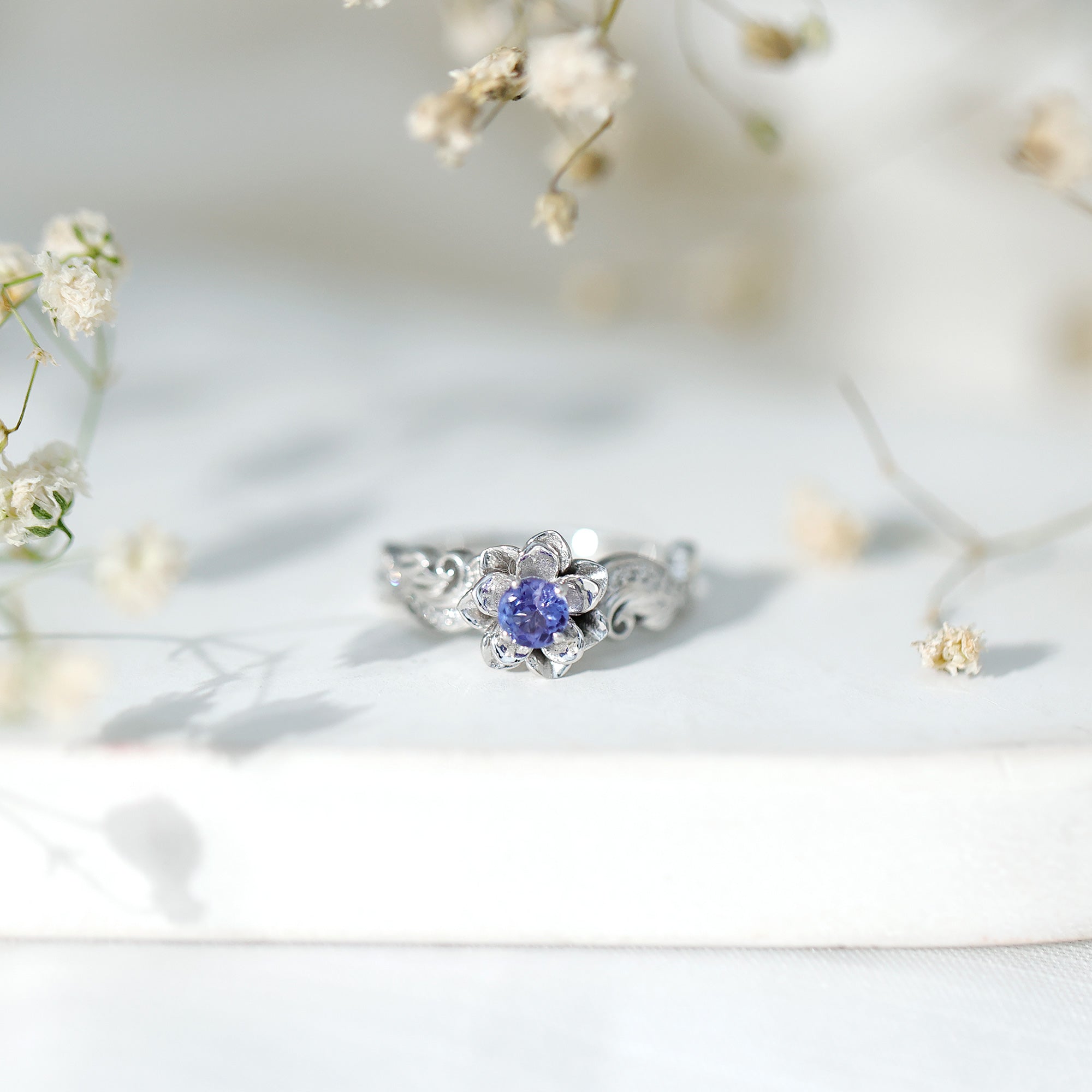 Certified Tanzanite and Diamond Flower Fine Fashion Ring in Silver