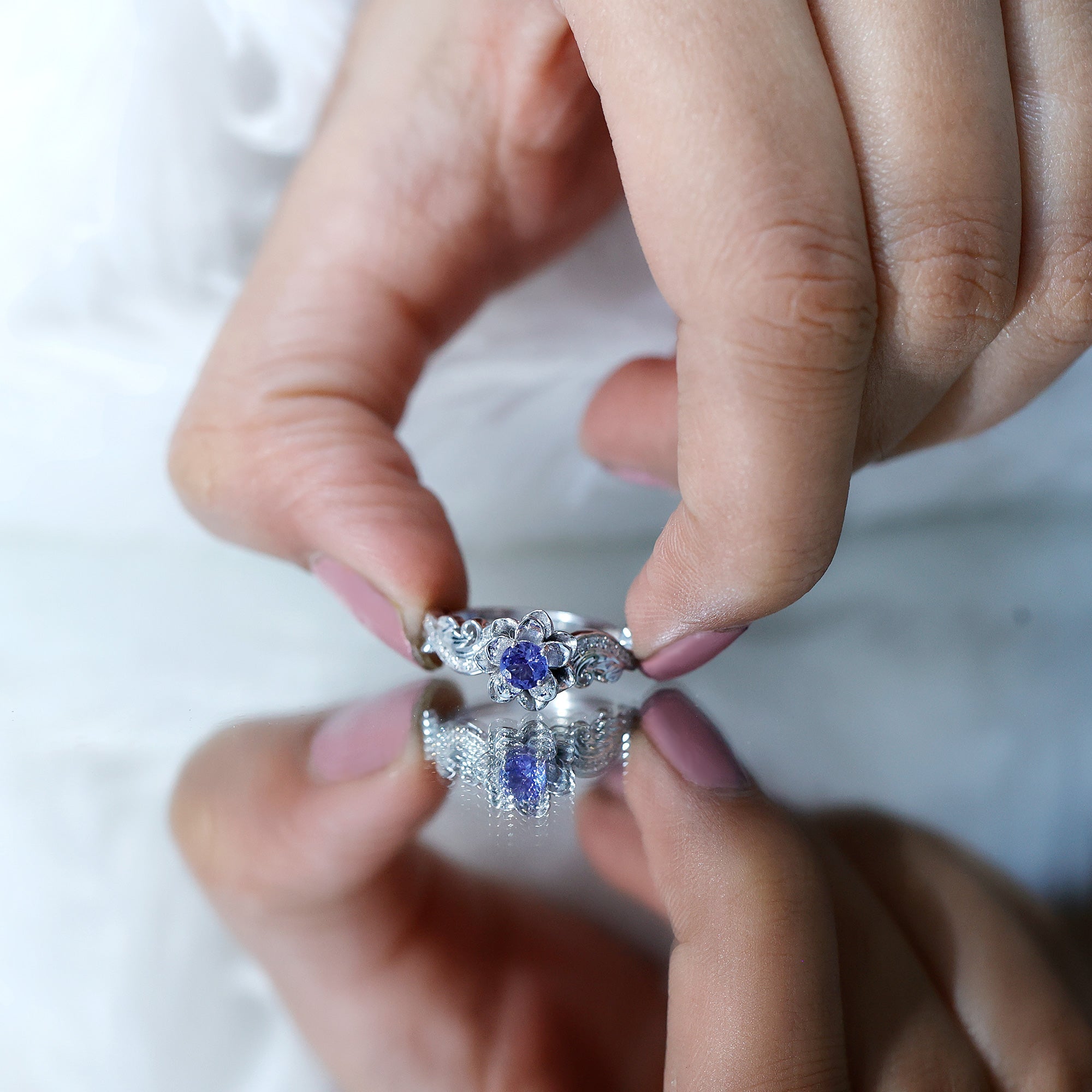 Certified Tanzanite and Diamond Flower Fine Fashion Ring in Silver