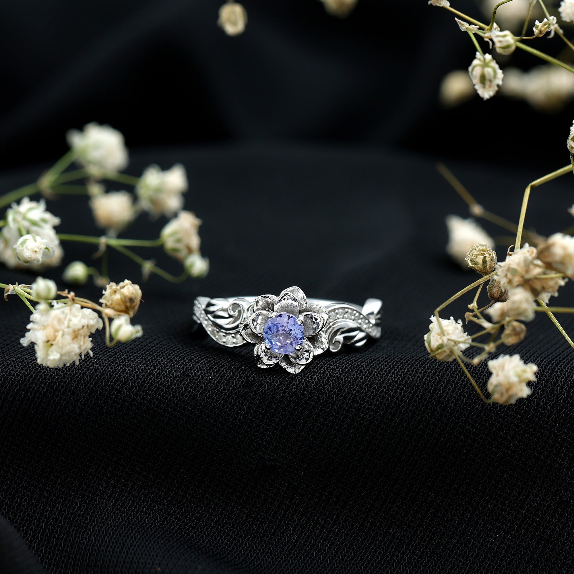 Certified Tanzanite and Diamond Flower Fine Fashion Ring in Silver