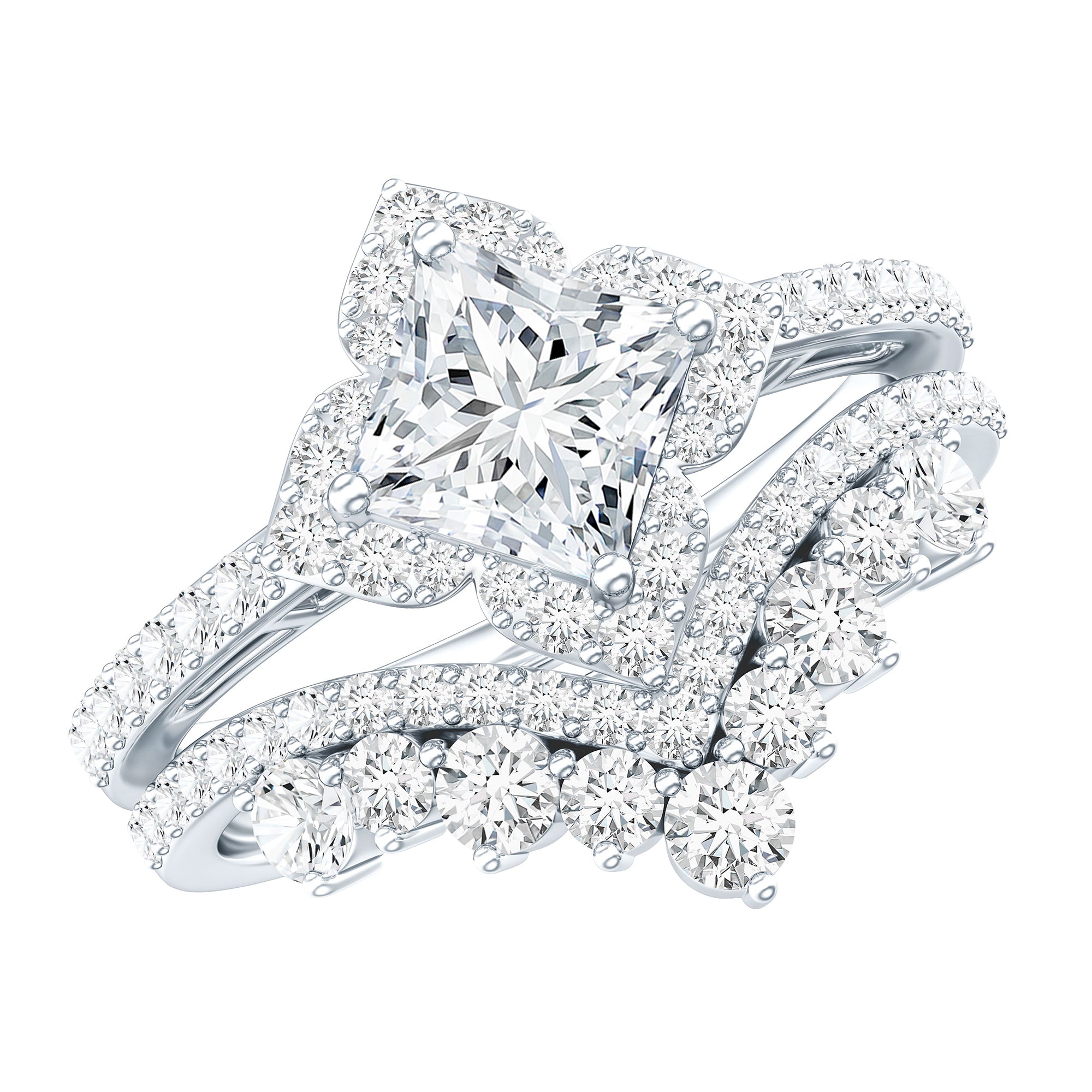 6 MM Princess Cut Lab Grown Diamond Designer Bridal Ring Set