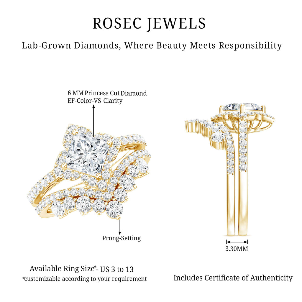 6 MM Princess Cut Lab Grown Diamond Designer Bridal Ring Set