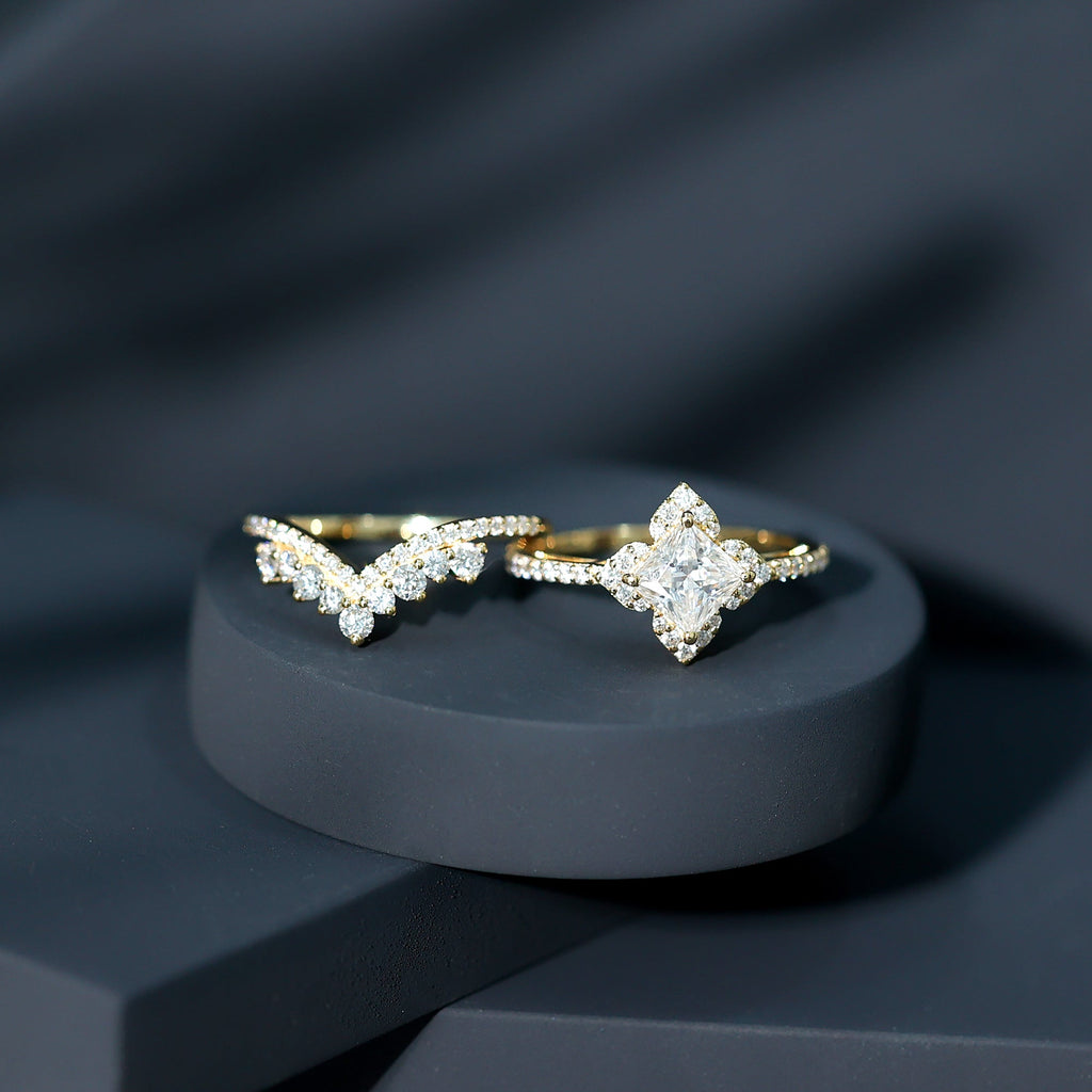 6 MM Princess Cut Lab Grown Diamond Designer Bridal Ring Set