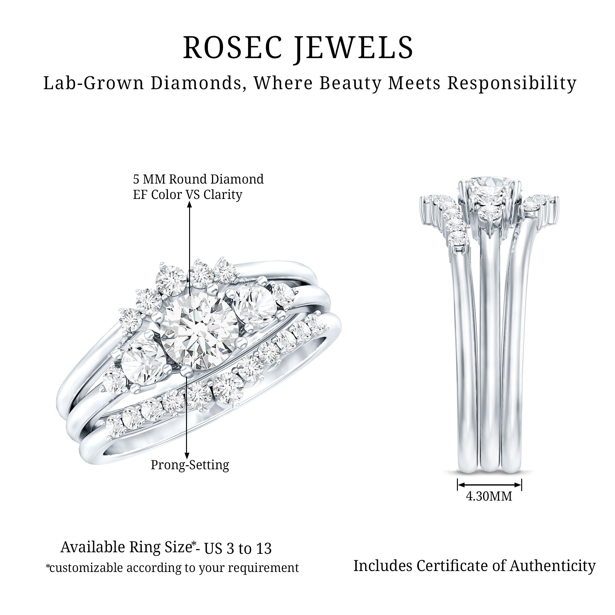 Lab Grown Diamond Trio Wedding Ring Set For Bride