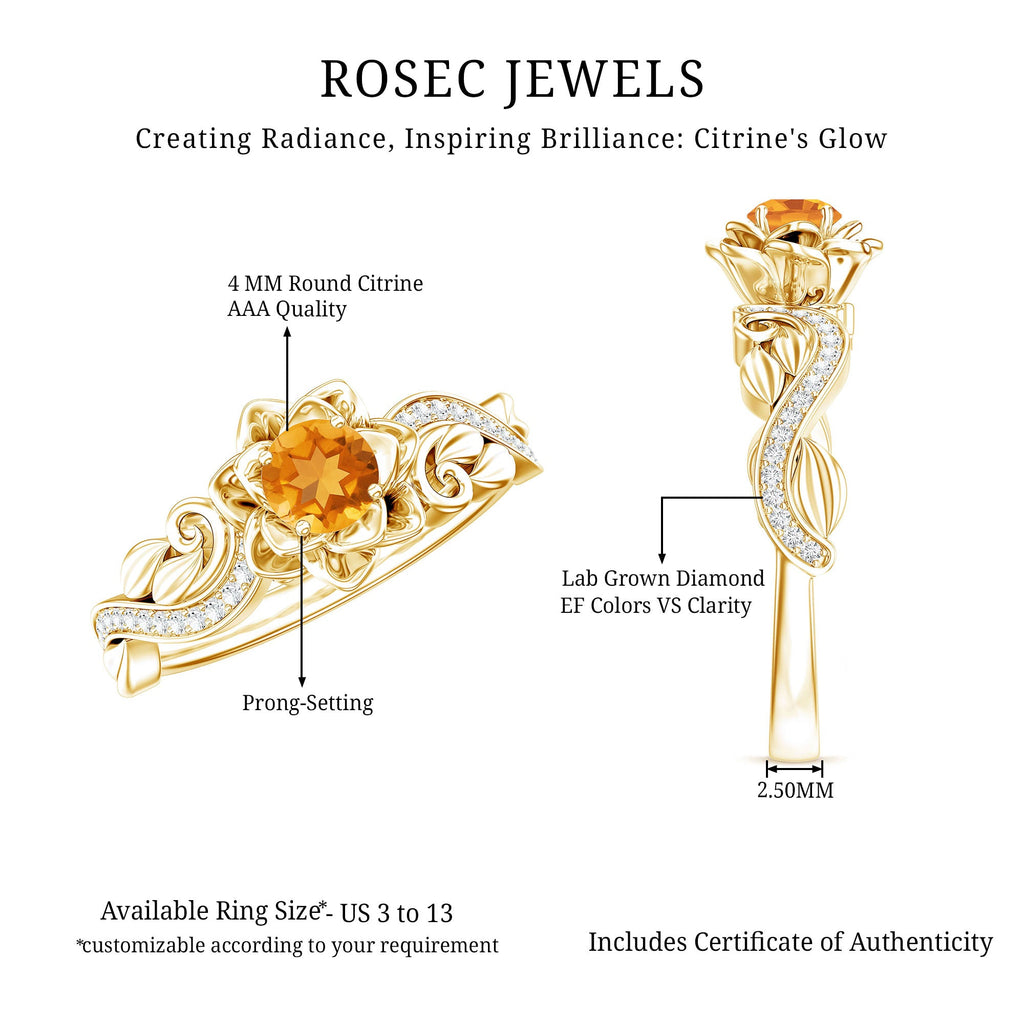 Genuine Citrine Rose Fine Fashion Ring with Lab Grown Diamonds