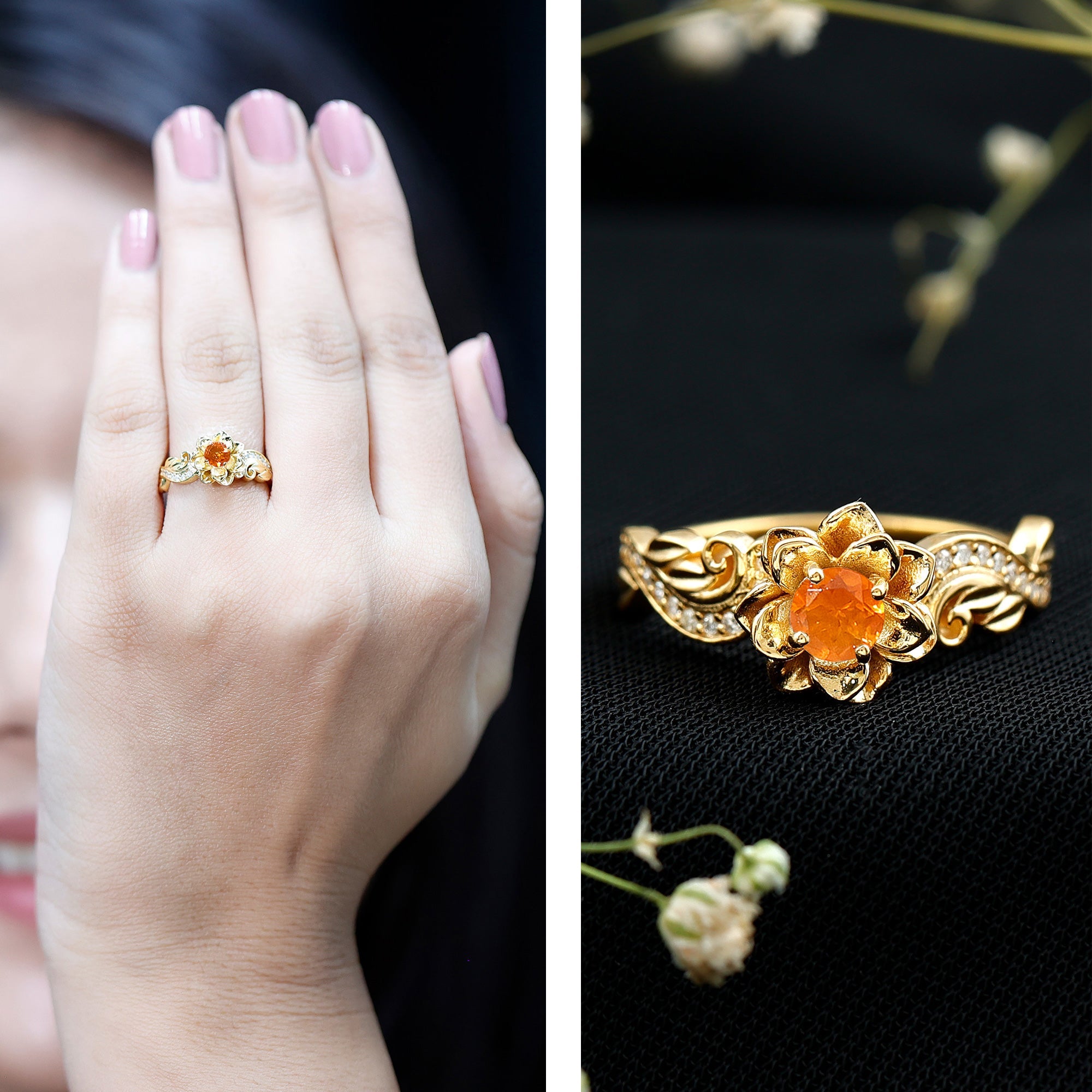 Genuine Citrine Rose Fine Fashion Ring with Lab Grown Diamonds