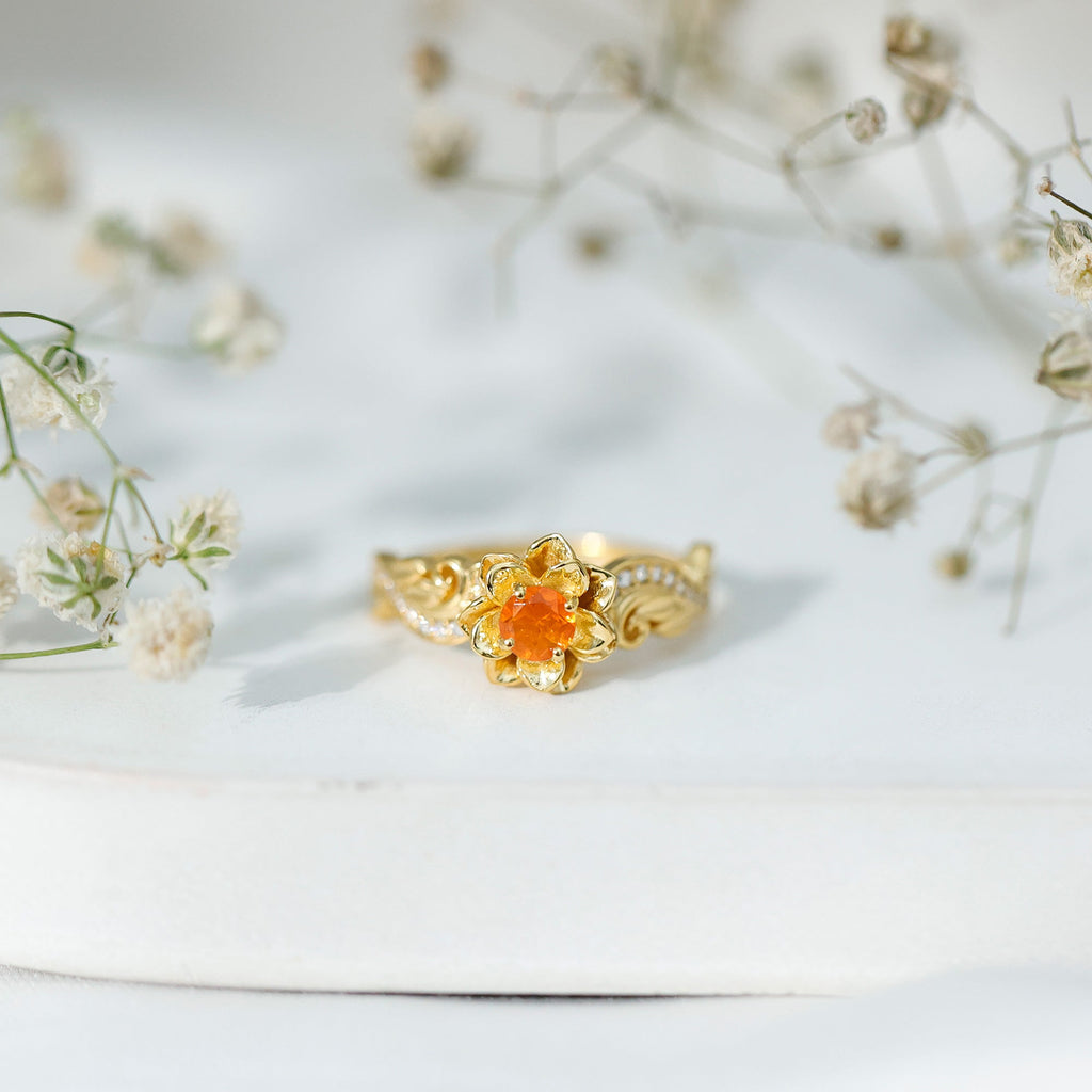 Genuine Citrine Rose Fine Fashion Ring with Lab Grown Diamonds