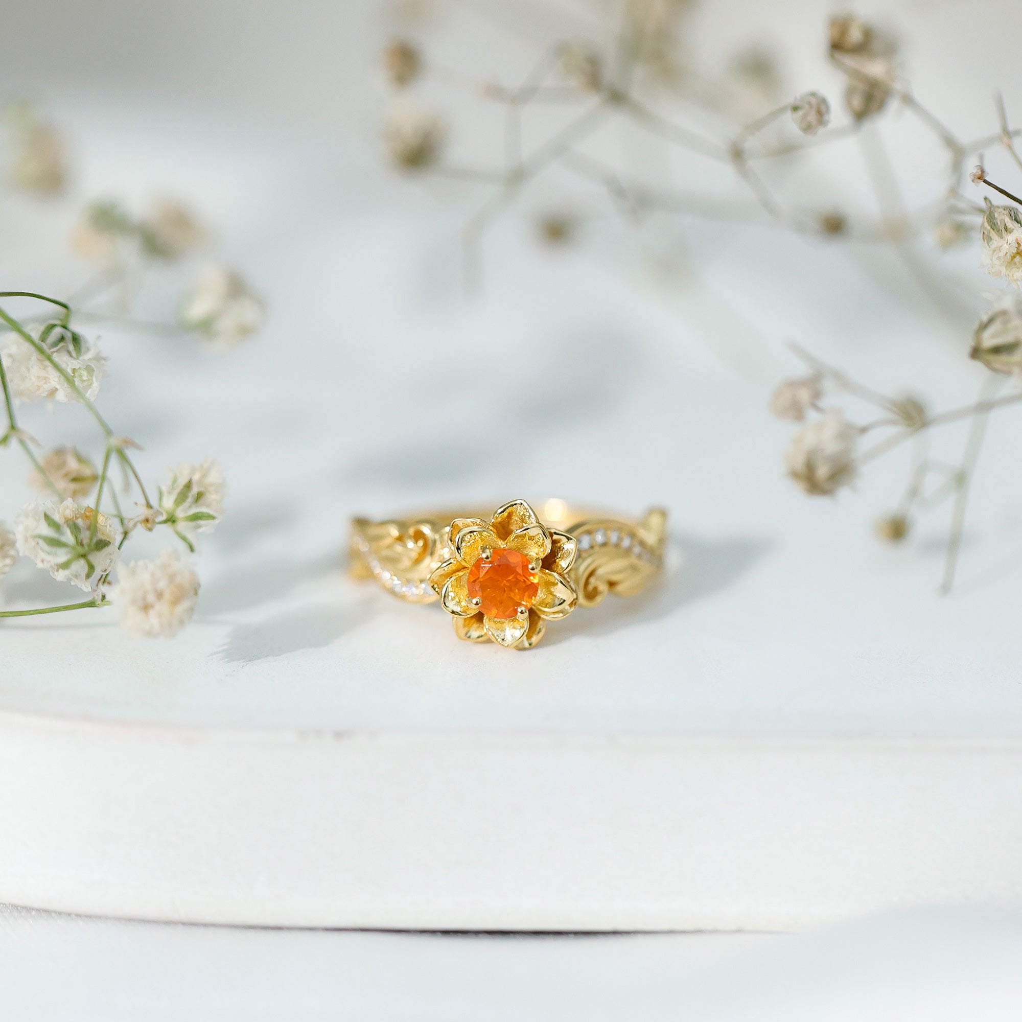 Genuine Citrine Rose Fine Fashion Ring with Lab Grown Diamonds