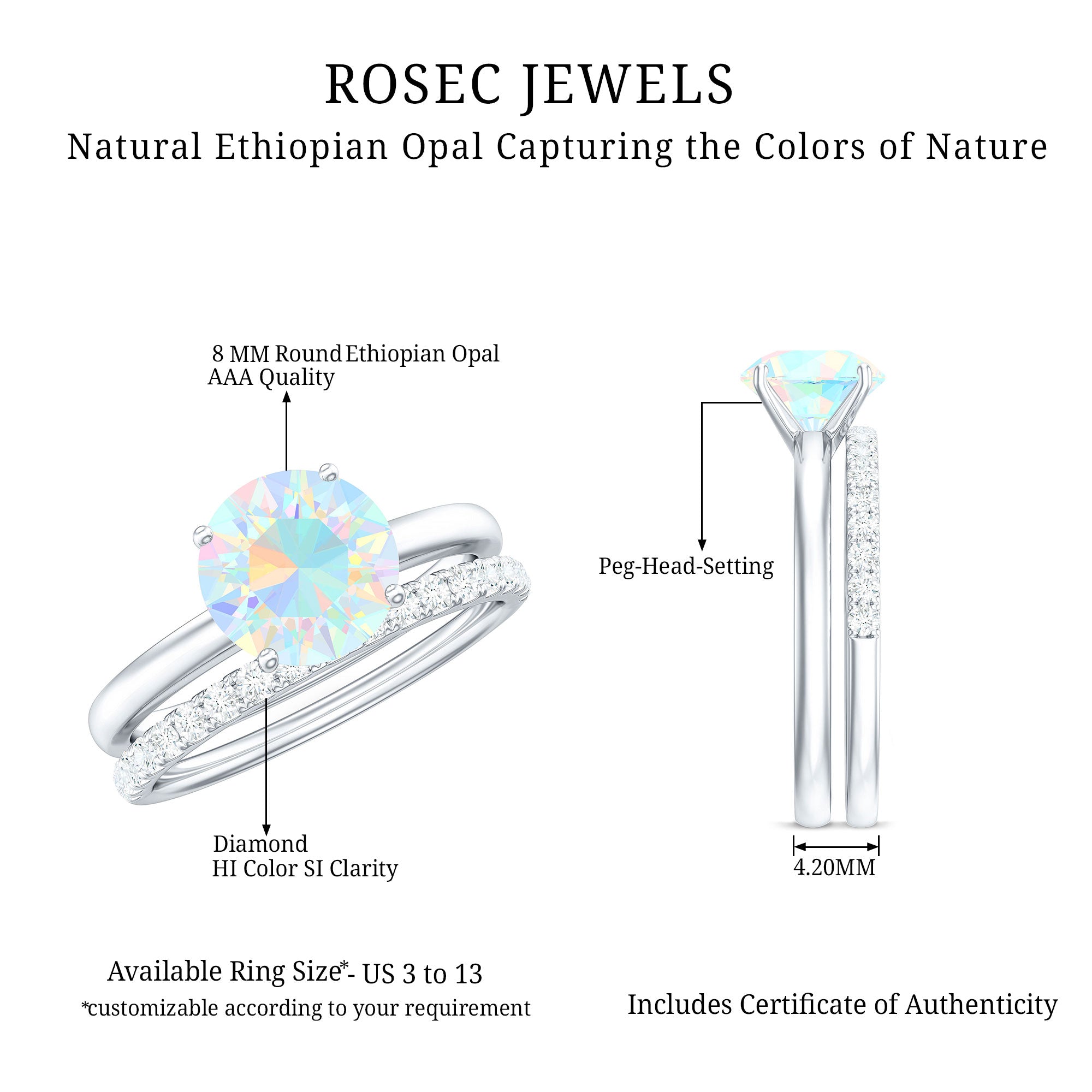 Natural Ethiopian Opal Diamond Solitaire Engagement Wedding Ring Set of 2