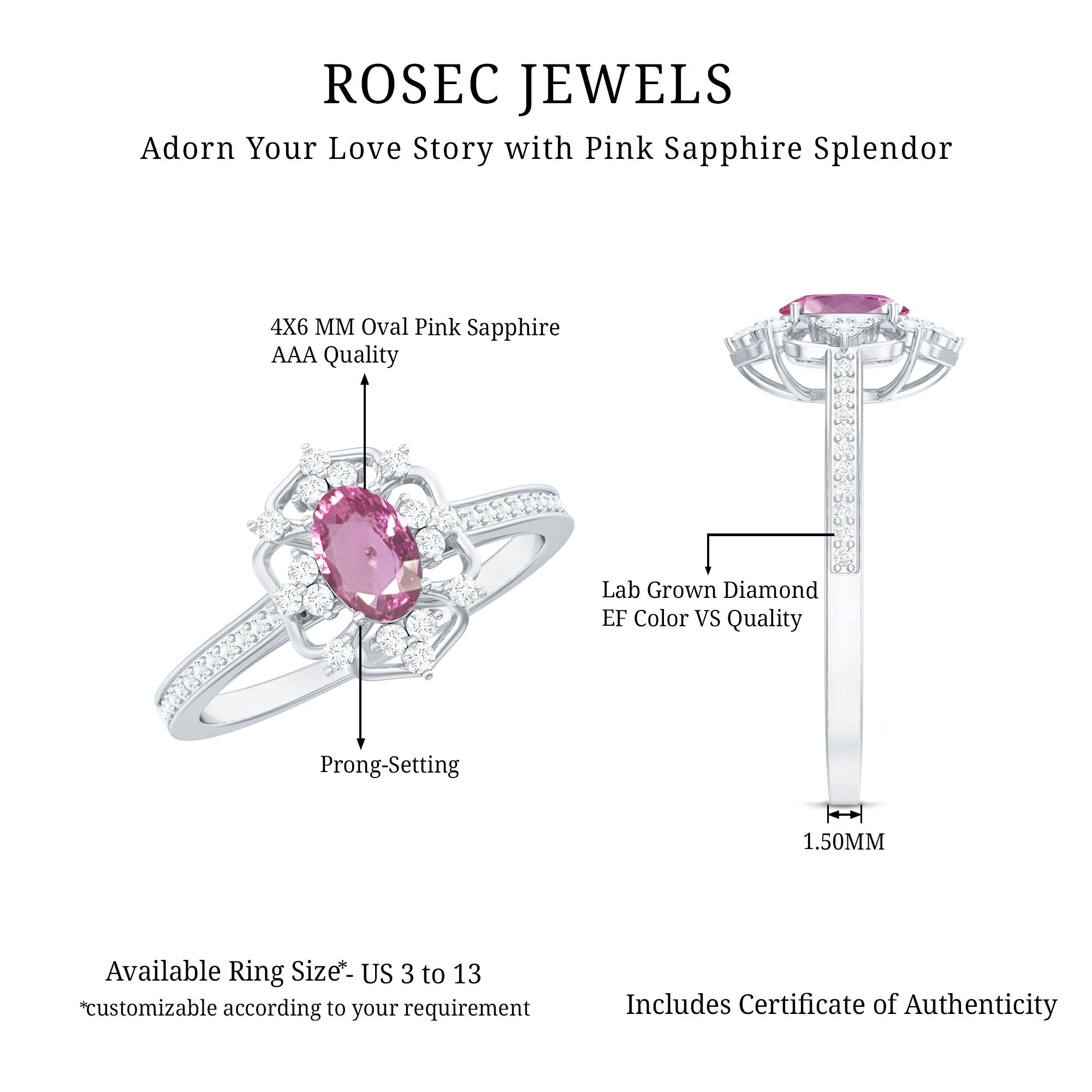 Natural Pink Sapphire Lab Grown Diamond Fine Fashion Vintage Ring
