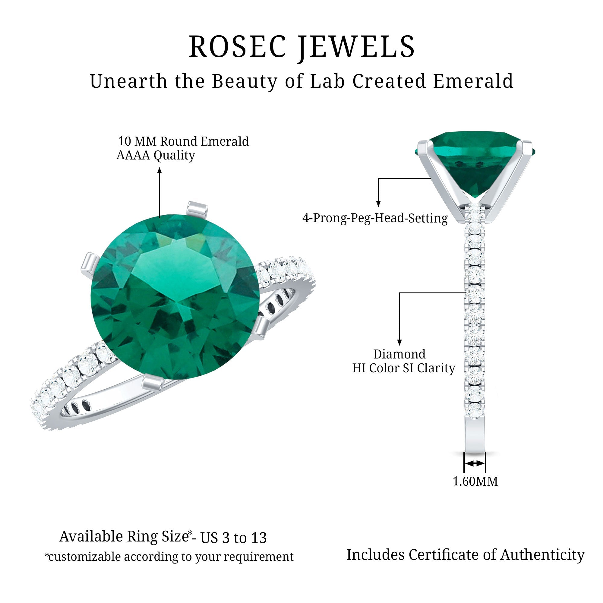 Certified 10 mm Solitaire Lab Grown Emerald Ring with Diamonds