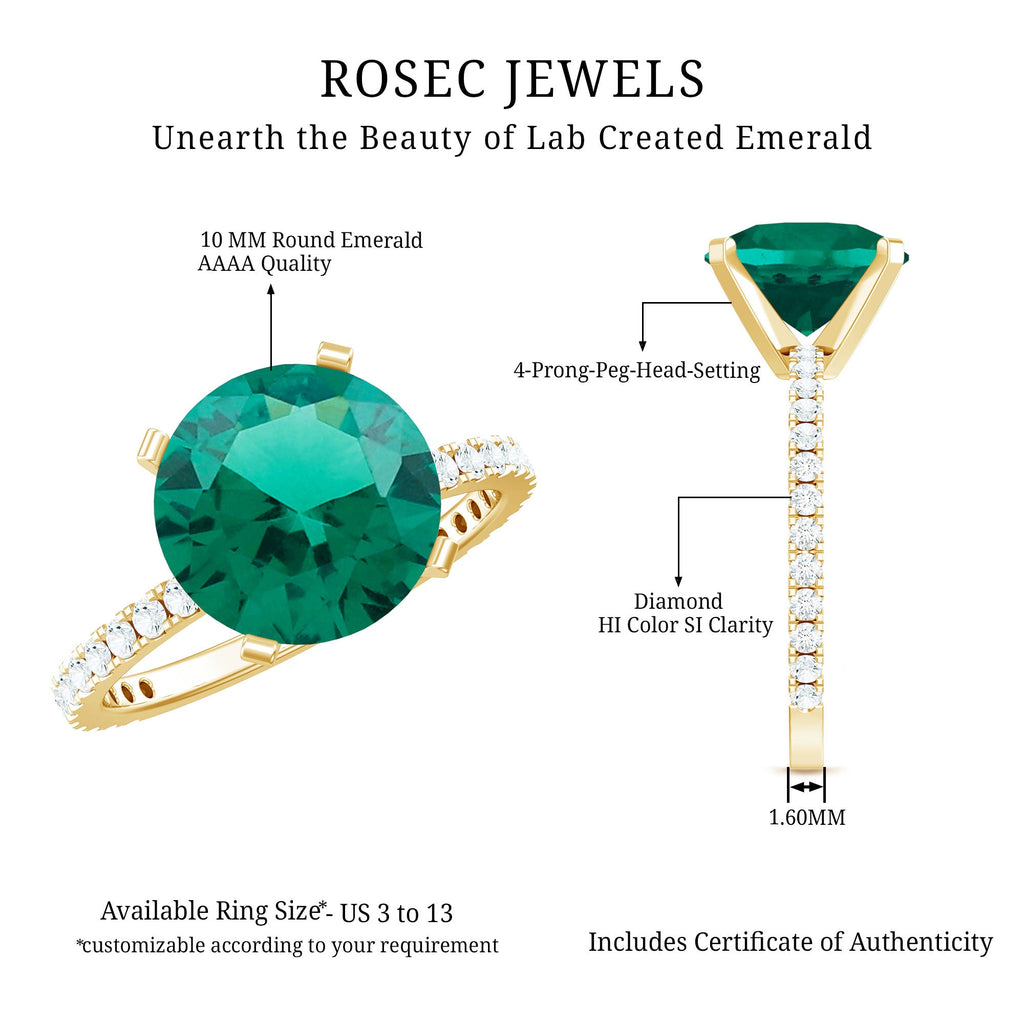 Certified 10 mm Solitaire Lab Grown Emerald Ring with Diamonds